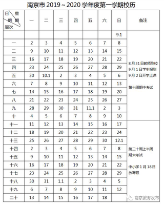 南京2019-2020学年度中小学校历出炉:秋季学期9月2日开学,明年1月18日放寒假